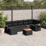 Ensemble salon jardin 8 places noir r�sine tress�e - canap� d'angle, table acacia, coussins d�tachables ...