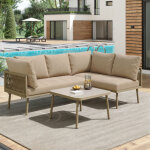 Ensemble de salon de jardin, canap� d'angle 4 places avec coussins d'assise, 1 table basse, kaki