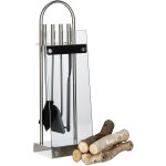 Ensemble serviteur de chemine 5 pices pelle balai pince tisonnier acier verre inox moderne, argent ...