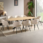 Ensemble table 240 cm effet ch�ne + 8 chaises tissu bouclette �cru