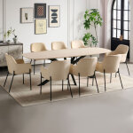 Ensemble table 240 cm effet travertin + 8 chaises velours c�tel� beige