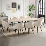 Ensemble table 240cm effet travertin + 8 chaises tissu bouclette blanc