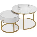 Ensemble de tables basses madrid, marbre blanc, 70x48cm , petite table avec tiroir, vicco
