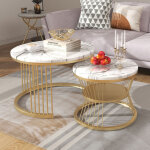Ensemble de tables basses rondes empilables, lot de 2 tables d?appoint avec plateau effet marbre, cadre ...