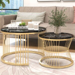 Ensemble de tables basses rondes empilables, lot de 2 tables d?appoint avec plateau effet marbre, cadre ...