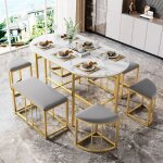 Modfu - ensemble table et chaises (1 table à manger 140x70x74cm + 2 bancs + 4 chaises) motif marbre, ... Modfu - ensemble table et chaises (1 table à manger 140x70x74cm + 2 bancs + 4 chaises) motif marbre, ...
