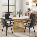 Ensemble table et chaises 5 pi�ces, 4 chaises en velours et 1 table ronde de 80 cm, structure en m�tal, ...