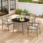 Ensemble table et chaises de jardin en rotin pour 4 personnes - table ronde en verre + 4 fauteuils - ...