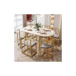 Wishdor - ensemble table et chaises de salle � manger, 1 table blanche et 6 chaises, gris et or