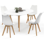 Ensemble table � manger extensible ronde angela blanc pied bois 110 - 150 cm et 4 chaises sara blanches ...
