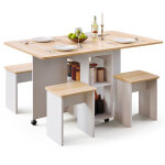 Ensemble table � manger pliante avec 4 chaises, table de cuisine avec 2 etag�res de rangement et roues ...