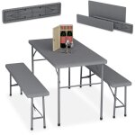 Ensemble table pliante et 2 bancs, pour jardin, pavillon ou camping, 120 cm, aspect rotin, gris - relaxdays ...