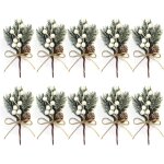 Lot de 10 petites tiges de baies de nol artificielles blanches de 15 cm avec pommes de pin, houx, fleurs ...