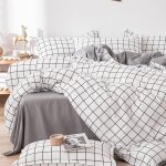 Housse de couette 200x230  carreaux - parure de lit en microfibre rversible blanc et gris avec fermeture ...