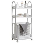 Etag�re roulante 3 niveaux panier � linge int�gr� amovible - 4 roulettes � freins - plastique blanc - ...