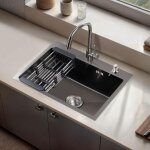 �vier de cuisine 1 bac en acier inoxydable 55x45 cm satnew, �vier encastrable, trous pour robinets et ...