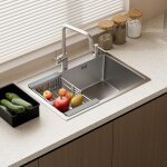 vier de cuisine 1 bac en acier inoxydable 68x45 cm satnew, vier encastrable, trous pour robinets et ...