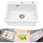 �vier de cuisine 55 x 45 cm, �vier en pierre de quartz blanc, �vier encastr� � 1 cuve avec tuyau d'�vacuation ...
