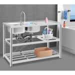 �vier de cuisine en acier inoxydable - 2 bacs - 3 niveaux - autoportant - �vier gastro pour cuisine, ...