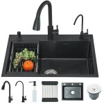 �vier de cuisine noir en acier inoxydable �vier simple avec robinet extensible grand cuve 1 bac distributeur ...