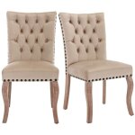 Fairwhale - 2 chaises velours camel clair - rembourr�es clout�es, heurtoir dos unique, pieds bois massif, ...