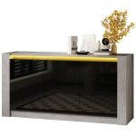 Fairwhale - buffet lgant 150cm plateau  motif marbre gris led - enfilade moderne sans poigne noir ...