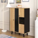 Fairwhale - buffet et enfilade avec vitrine verre & led - combinaison bois / noir - design unique  bande ...