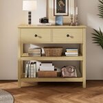 Fairwhale - console r�tro �troite en bois naturel - tiroirs + �tag�res ouvertes - id�ale entr�e / couloir ...