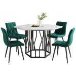 Fairwhale - ensemble table et chaises - table hexagonale marbre + 4 chaises velours vert - 5 pi�ces salle ...