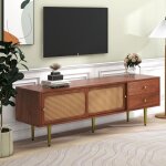 Fairwhale - meuble tv 160cm noyer / rotin - 2 portes coulissantes + 2 tiroirs - 4 compartiments rangement ... Fairwhale - meuble tv 160cm noyer / rotin - 2 portes coulissantes + 2 tiroirs - 4 compartiments rangement ...