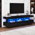 Fairwhale - meuble tv noir brillant 160x38x50. 5cm, 3 tagres verre, led bluetooth / appli, support ...