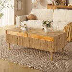 Fairwhale - table basse led moderne - plateau ondulé - 2 tiroirs - pieds en bois doré - bande lumineuse ... Fairwhale - table basse led moderne - plateau ondulé - 2 tiroirs - pieds en bois doré - bande lumineuse ...