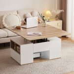 Fairwhale - table basse multifonction relevable 100x98x65cm blanc avec 2 plateaux, 2 tiroirs de rangement ... Fairwhale - table basse multifonction relevable 100x98x65cm blanc avec 2 plateaux, 2 tiroirs de rangement ...