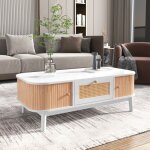 Fairwhale - table basse rotin avec tiroirs & portes coulissantes - structure bois massif - style campagnard ... Fairwhale - table basse rotin avec tiroirs & portes coulissantes - structure bois massif - style campagnard ...