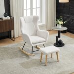 Fauteuil  bascule blanc confortable, chaise de salon rembourre, rocking chair avec repose - pied, tissu ...