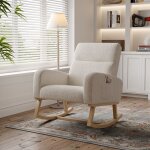 Fauteuil � bascule confortable avec accoudoirs, tissu sherpa, poches lat�rales, pieds en bois massif, ...