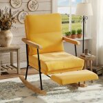 Fauteuil � bascule en lin jaune, chaise relax avec accoudoirs, repose - pieds et pieds en bois massif, ...