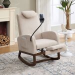 Fauteuil � bascule avec repose - pieds r�tractable, chaise longue, support pour t�l�phone, lin, beige ...