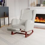 Nmonet - fauteuil  bascule avec repose pied, tissu coton et lin, pieds en bois massif, poches de rangement, ...