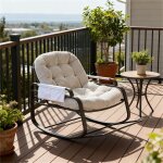 Fauteuil � bascule - rocking chair - fauteuil de jardin - avec dossier et coussin en lin - rotin marron ...