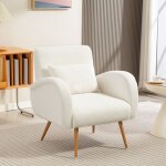 Fauteuil beige, chaise capitonn�, avec 1 coussin de dossier, pieds en m�tal, fauteuil salon chambre, ...