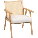 Fauteuil lounge en cannage et bois �pais coussin toucher lin blanc cass�