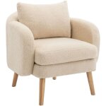 Fauteuil moderne simple en velours teddy avec coussins, canap� simple, pieds en bois massif - beige