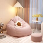 Fauteuil pouf salon tissu lin avec remplissage, g�ant repose - pieds housse lavable adulte ado