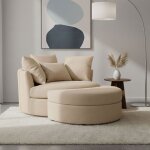 Fauteuil rond loveuse pivotante + coffre en tissu textur beige