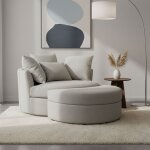 Fauteuil rond loveuse pivotante + coffre en tissu textur gris
