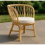 Fauteuil en rotin  rannes  - beige - chaise pour ext�rieur ou int�rieur - coussin blanc cass� - d 65 ...