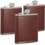 Flasque inox 200 ml, lot 3, rservoir alcool en acier inoxydable avec faux cuir fiole de poche, brun