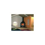 Cheminée design frontale à bois noire en métal avec base et foyer réfractaire 19 kw Cheminée design frontale à bois noire en métal avec base et foyer réfractaire 19 kw