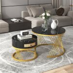 Fortuna lai - lot de 2 table basse gigogne ronde, table d'appoint avec plateau en marbre et tiroirs en ... Fortuna lai - lot de 2 table basse gigogne ronde, table d'appoint avec plateau en marbre et tiroirs en ...